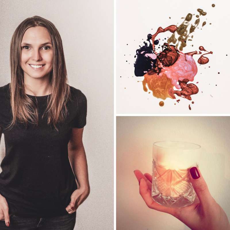 Søskendesign Brina Haßler Webdesign Hofheim Ingelheim Søskendesign - Brina Haßler lächelt or weißem Hintergrund, abstrakter Farbklecks zu sehen und Hand mit Kaffee in Kristallglas