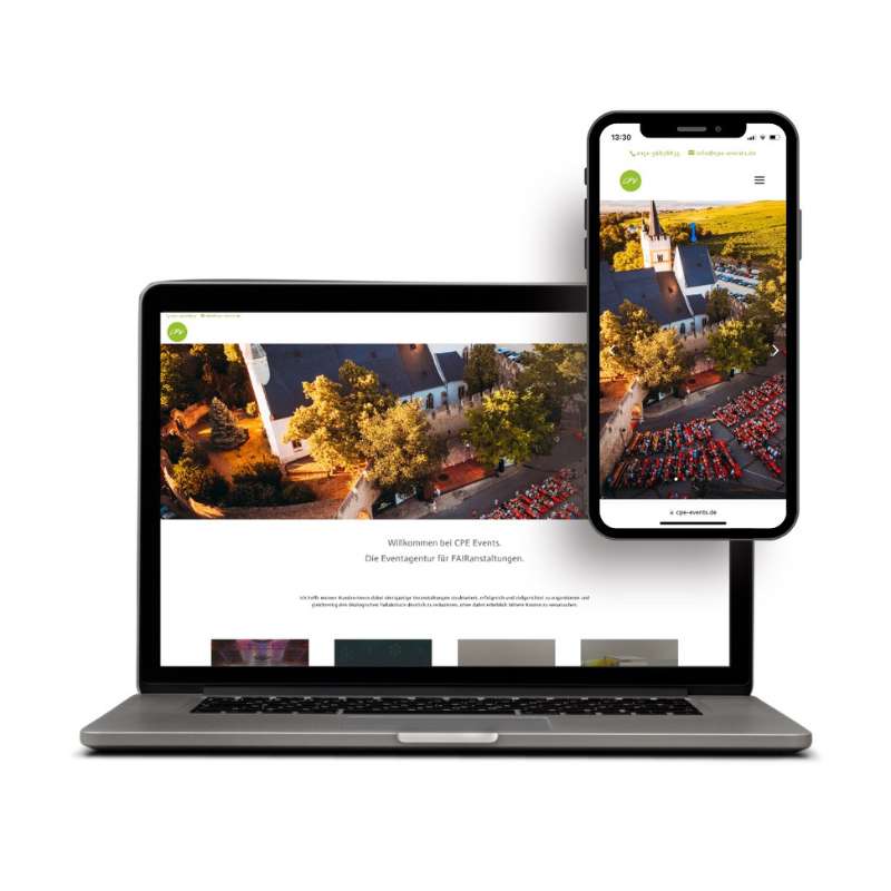 Webdesign Webseite für Eventagentur erstellt von Søskendesign in Ingelheim Ansicht mobil und Desktop